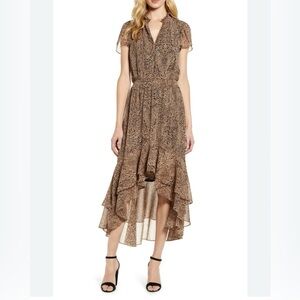 1 STATE Leopard Split Collar High Low Maxi Dress